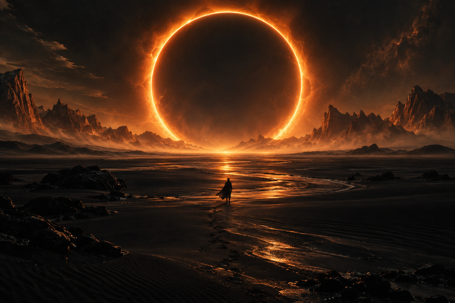 A lone traveler faces an immense orange solar ring over an obsidian desert