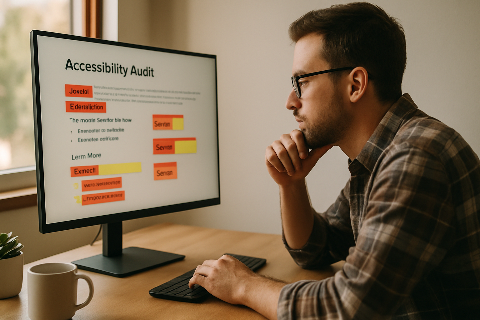 A web designer reviewing an accessibility audit report on a monitor with contrast warnings highlighted