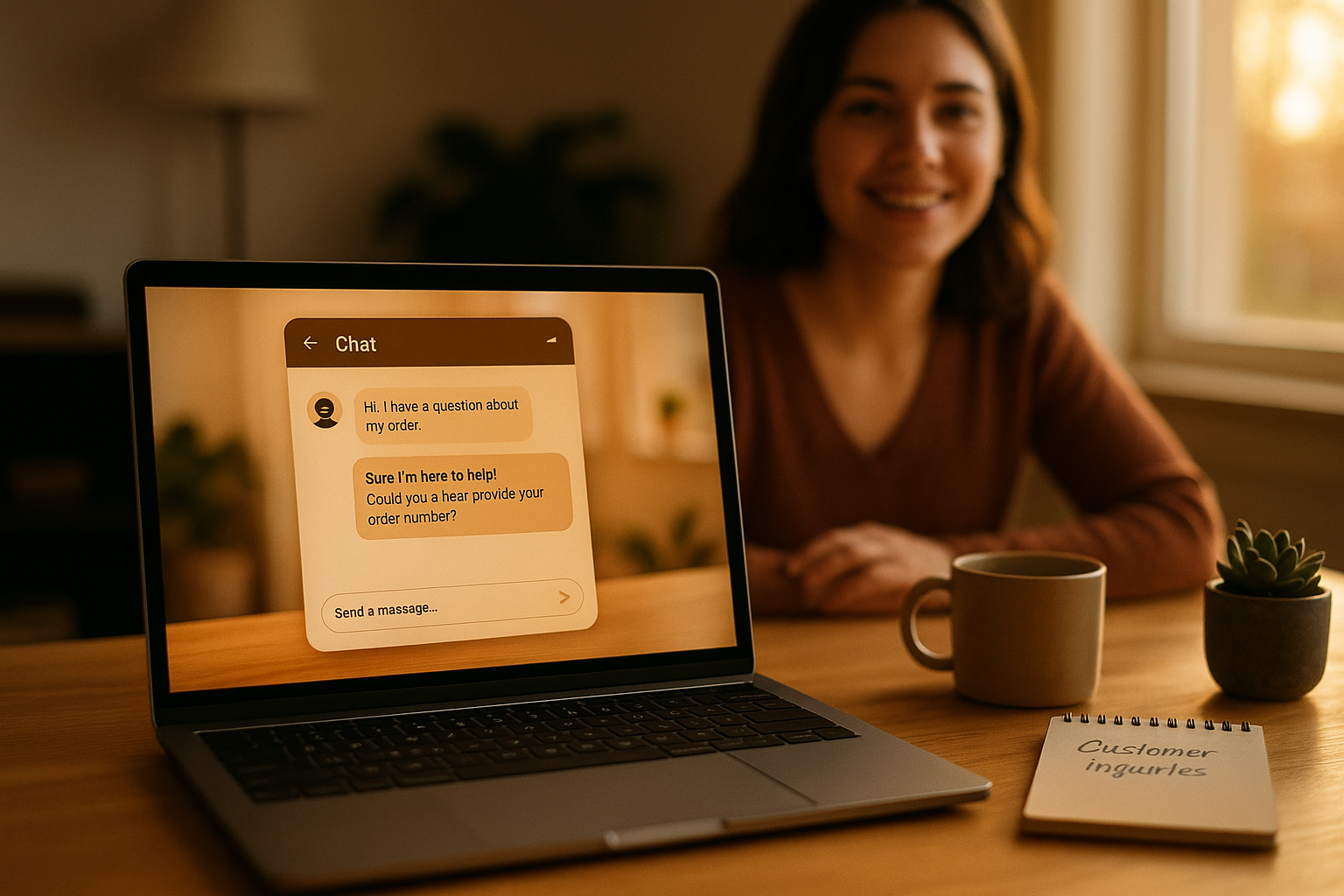 A small-business owner reviewing an AI customer service chat on a laptop at a warm home-office desk