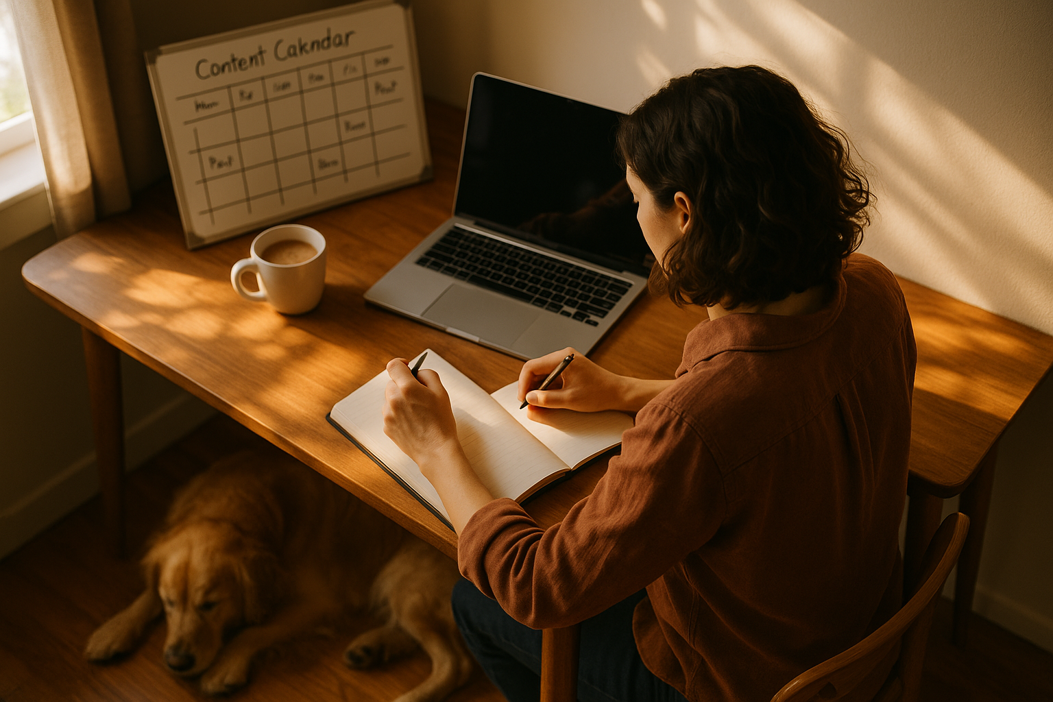 Small business owner working at a wooden desk with a laptop and coffee while a golden retriever sleeps nearby, illustrating AI content marketing workflow