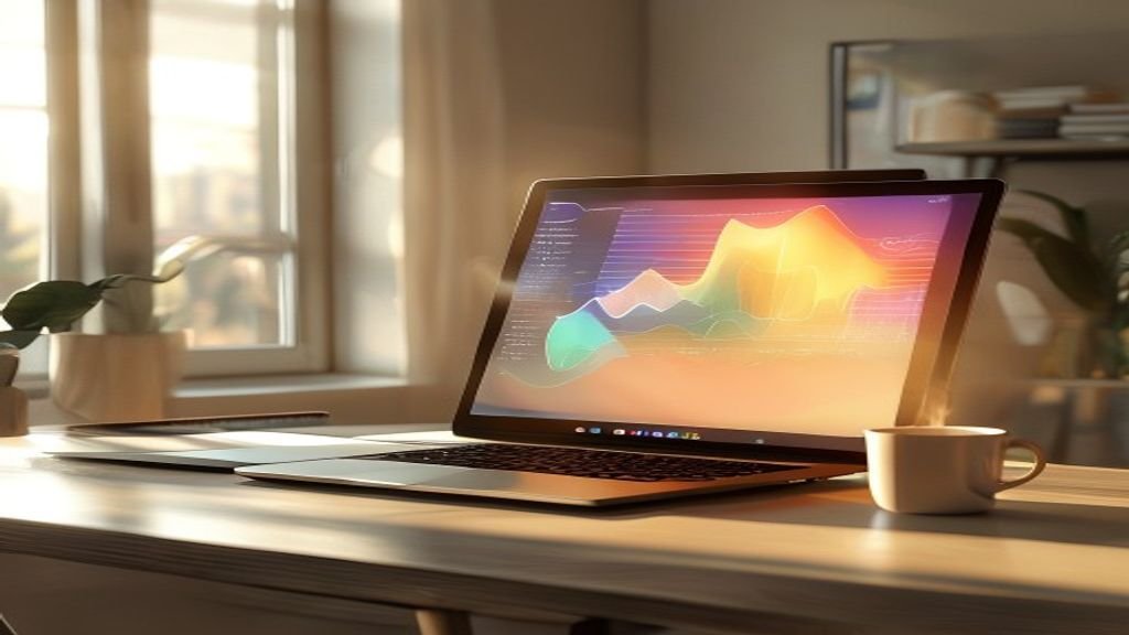 A laptop displaying an abstract analytics dashboard on a wooden desk in warm natural window light, beside a notebook and coffee mug, representing small business conversion optimization.