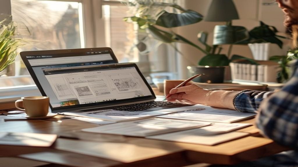 Web designer sketching wireframes on paper next to a laptop showing AI-generated UI layouts